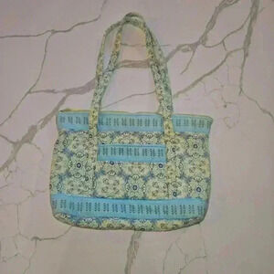 Lemon Hill Cotton Quilted Tote Bag Blue Green White